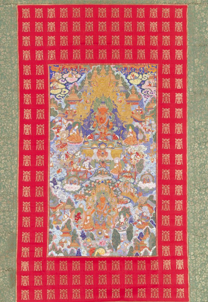 缂丝 弥勒净界 唐卡,清乾隆,纵59cm,横34cm.清宫旧藏.